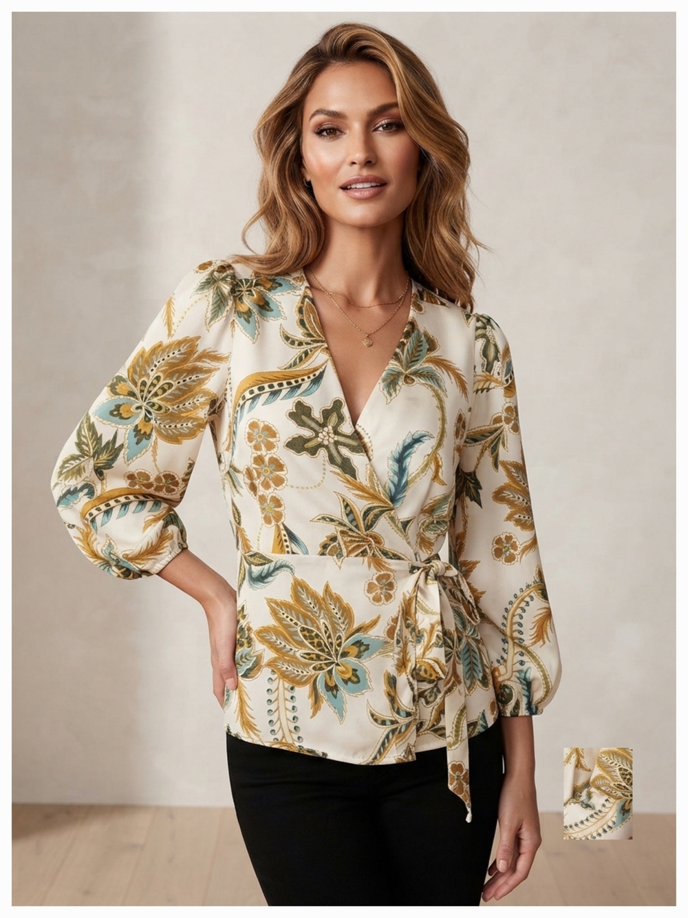 Women's Floral Print V-Neck Faux Wrap Blouse - Cream Teal Medium
